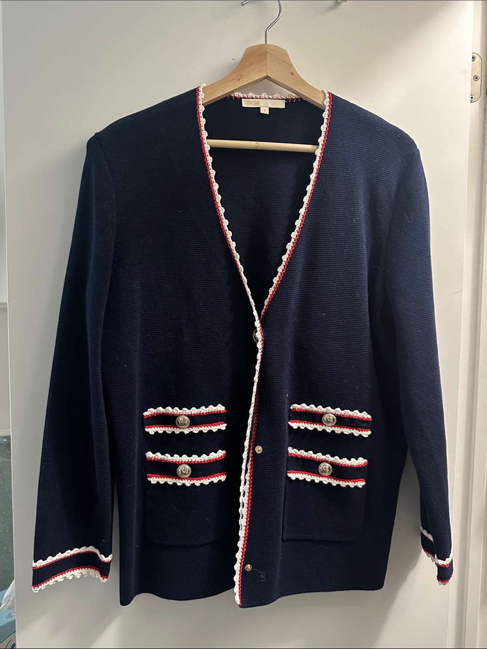 Maje Navy Cardigan Blazer with Red & White Trim